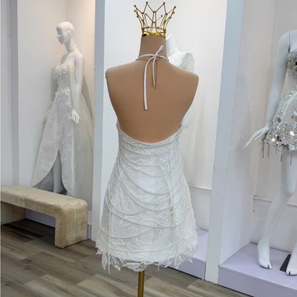 Elegant White Halter Dress with Pearl Beaded Design - Picture 2 of 4